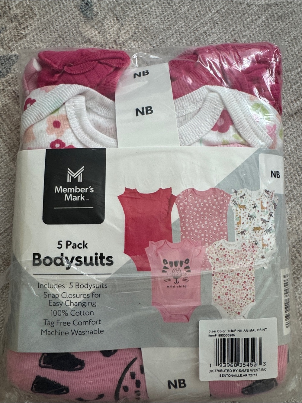 New born Baby Girls Pink Floral & Solid 5-Pack Bodysuits 100%cotton